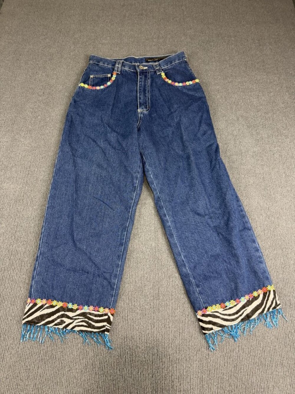 Pineapple Patch Womens Embellished Denim Jeans Fringe & Zebra Print Hem 6